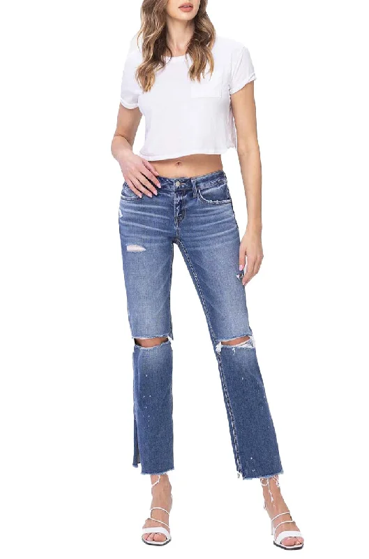 Flying Monkey - Low Rise Distressed Straight Jeans With Paint Speckle Detail / Split Hem - F5218