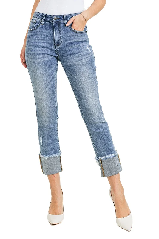 Risen Jeans - Mid Rise Raw Hem Cuffed Slim Straight Leg Jeans - RDP1282CH