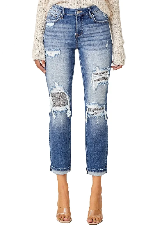 Risen Jeans - Mid Rise Sequins Patched Tapered Jeans - RDP5414