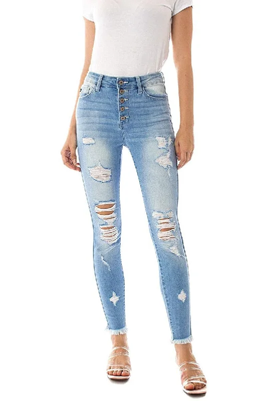 Kancan - Women's High Rise Button Fly Distressed Super Skinny Jeans - kc7310