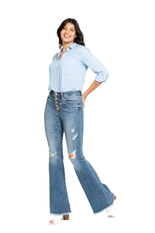 Judy Blue - Mid Rise Button Fly Flare W/Destroy Fray Hem Jeans - 82638