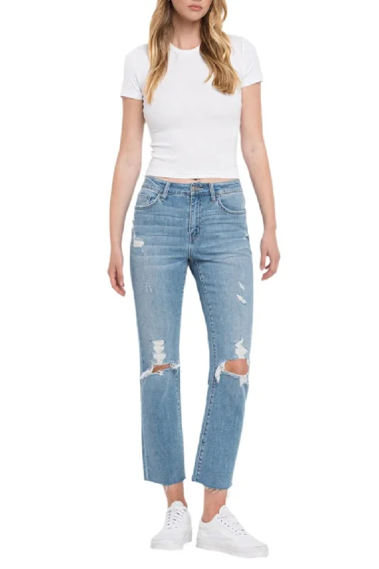 Flying Monkey - High Rise Clean Cut & Fray Hem Detail Crop Straight Jeans - Y3118