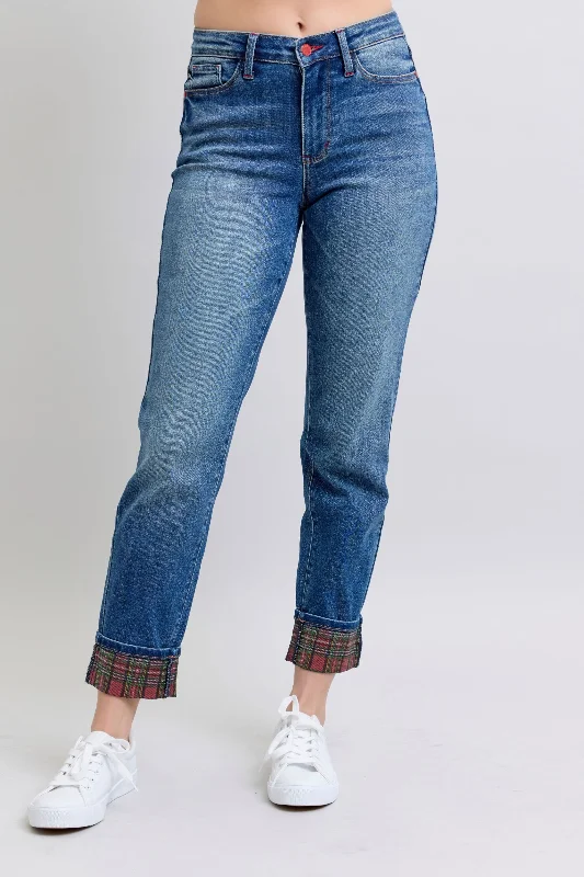 Judy Blue Full Size Plaid Print Cuff Straight Leg Jeans with Pockets - 88877TD