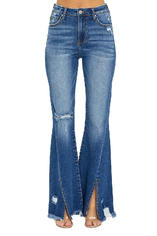 Risen Jeans - High Rise Front Slit with Fray Hem Flare Jeans - RDP5544