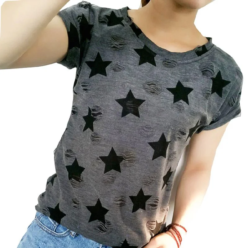 Women's Plus Size Hole Short Sleeve Star Printed Casual Vintage T-Shirt