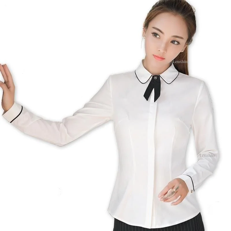 Office Lady Long Sleeve Cover Button Bow Tie White Blouse Shirt Workwear