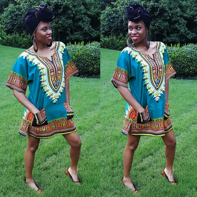 Toned Blue Traditional African Print Dashiki Shirt DP3751W