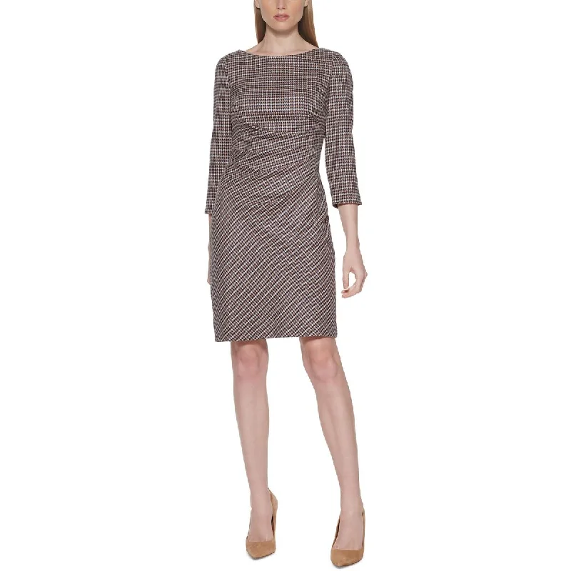 Jessica Howard Womens Petites Houndstooth Pleated Sheath Dress