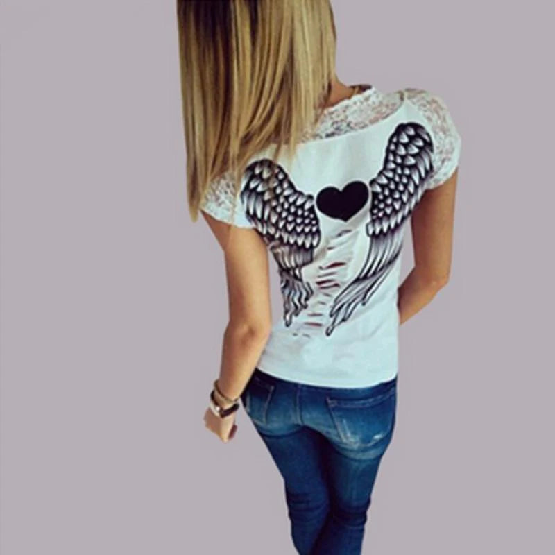 Summer Style Women's Back Hollow Angel Wings Lace T-Shirt Tops