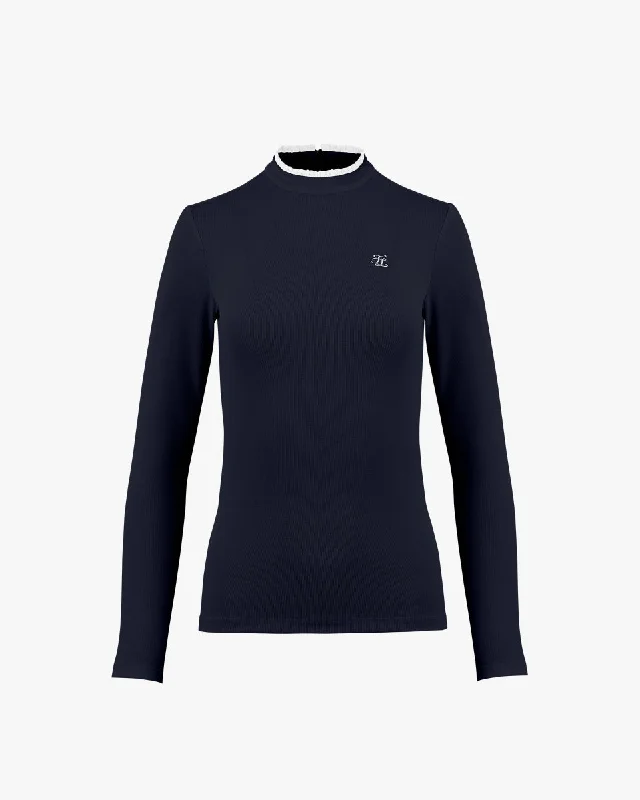 Frill High Neck Long Sleeve T-shirt - Navy