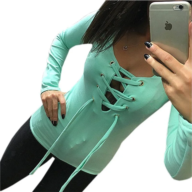 Women's Long Sleeve Lace Up Slim Bandage Solid Color Top Shirt Tops