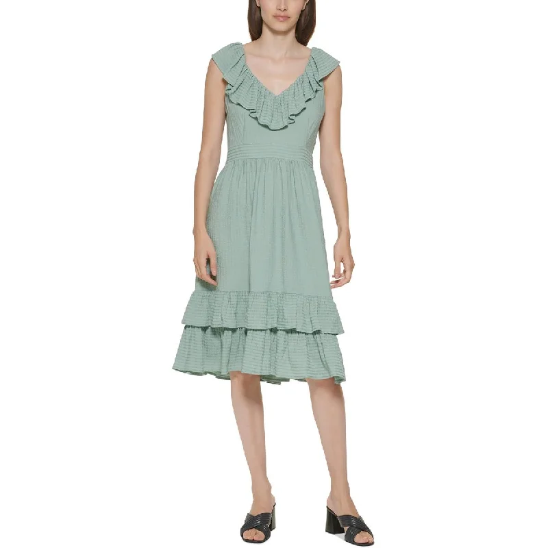 Calvin Klein Womens Ruffled V Neck Midi Dress