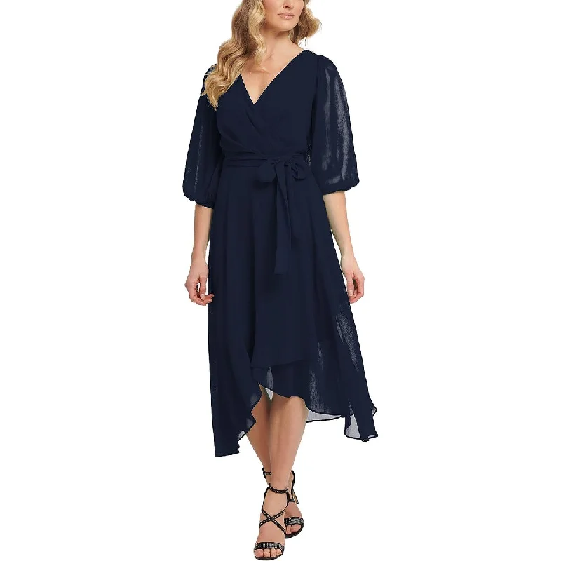 DKNY Womens Chiffon Faux-Wrap Midi Dress