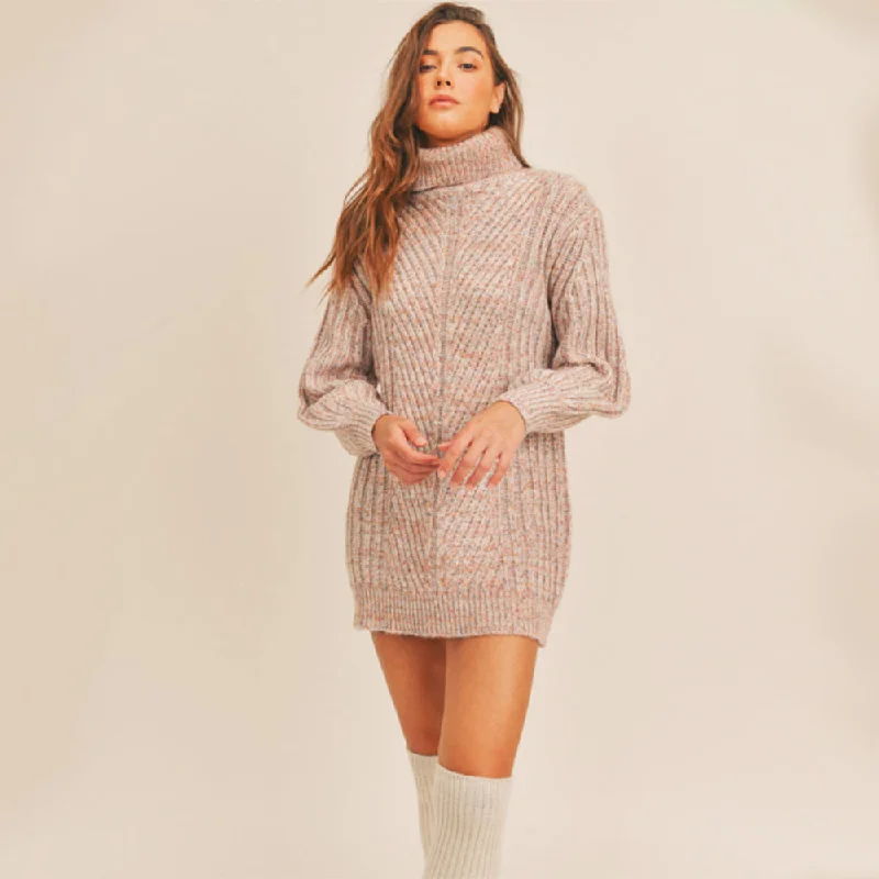 High Neck Balloon Sleeve Sweater Dress (Multi Colour + Cream)