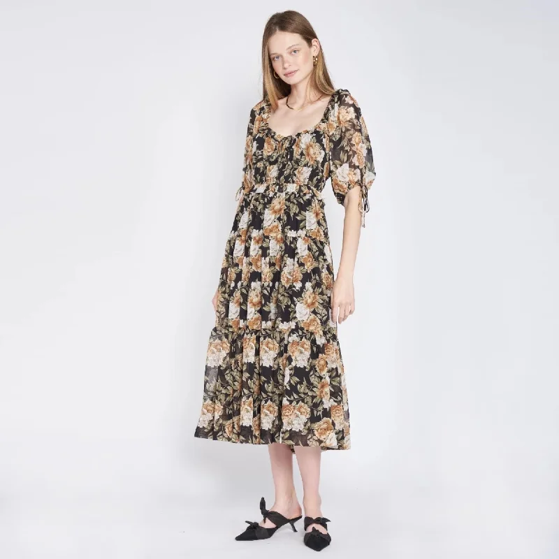 Floral Print Tiered Midi Dress (Black)