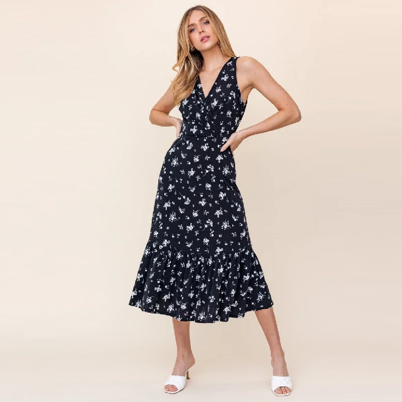 Sleeveless Wrap Midi Dress (Black Floral)