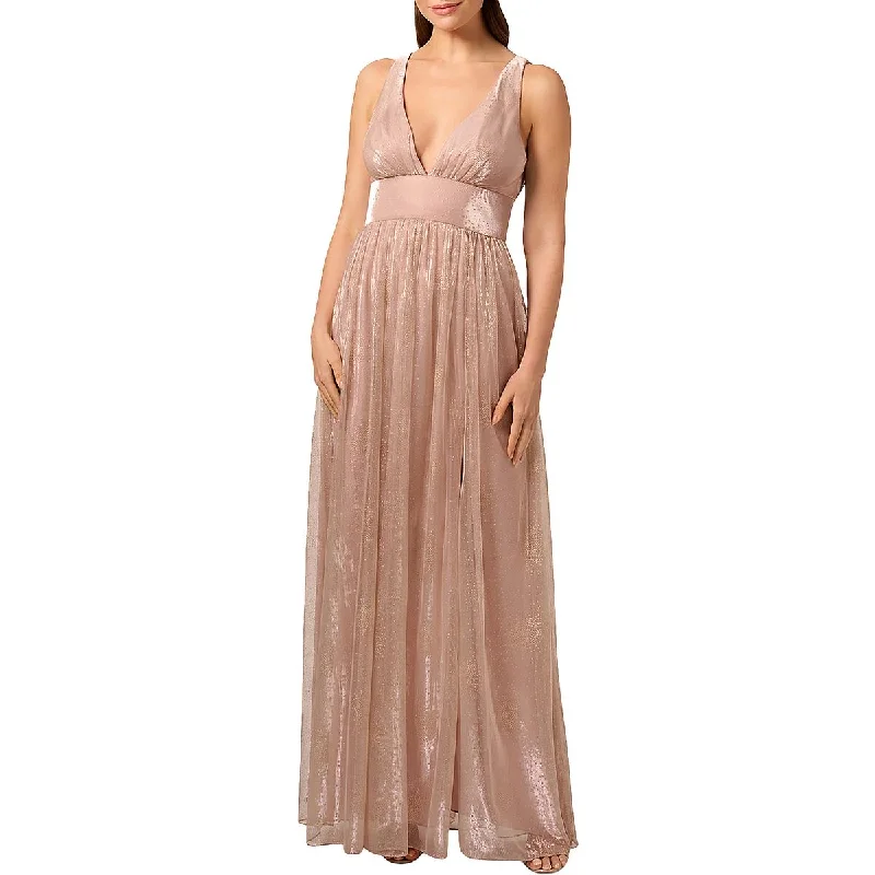 Liv Foster Womens Metallic Plunging Neckline Evening Dress