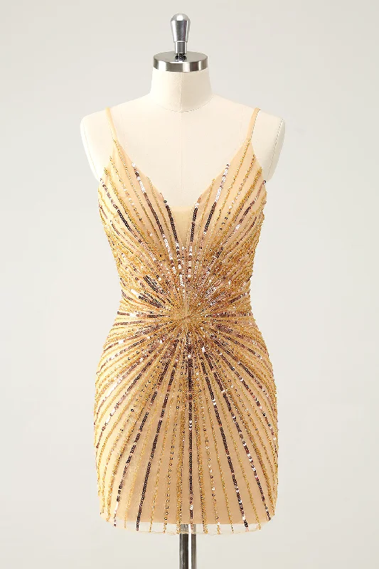 Golden Tight Spaghetti Straps Homecoming Dress with Sequins