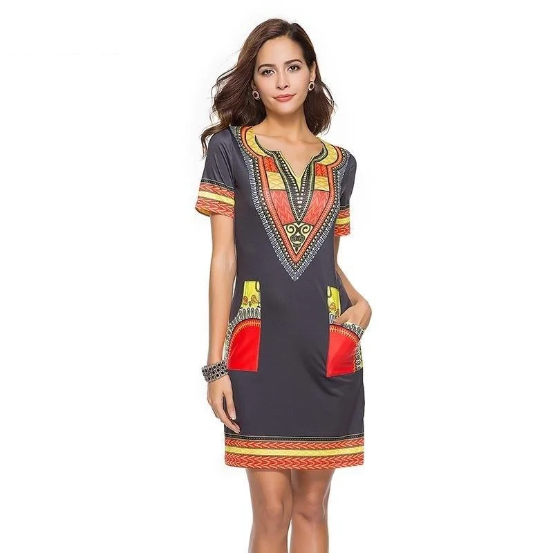 Sexy V Neck Patchwork Bodycon Tunic Dress for Women with African Print