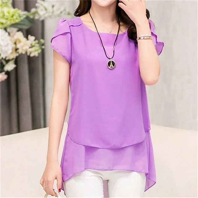 Summer Women's Loose O-Neck Chiffon Blouse Shirt with Short Sleeves