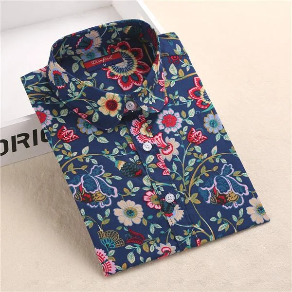 Summer White Navy Floral Cotton Blouse Shirt for Women with Long Sleeves