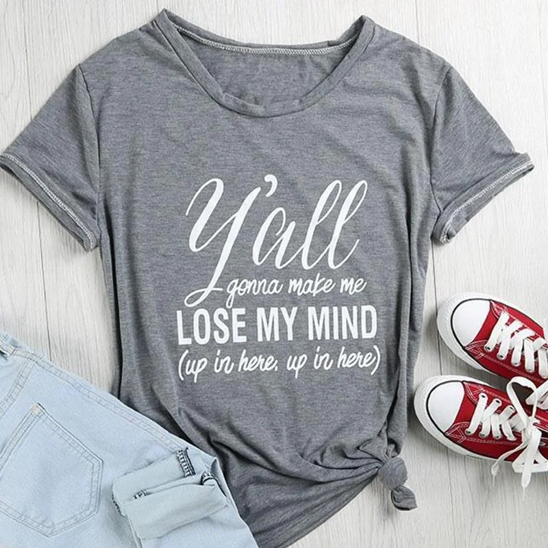 Plus Size S-3XL Women's Gray O Neck Letter Slogan Printed Basic T-Shirt