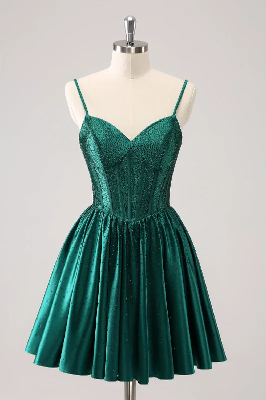 Dark Green A-Line Spaghetti Straps Corset Pleated Homecoming Dress