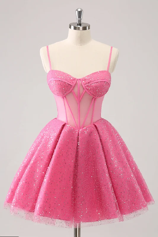 Pink A-Line Spaghetti Straps Corset Cocktail Dress with Sequins