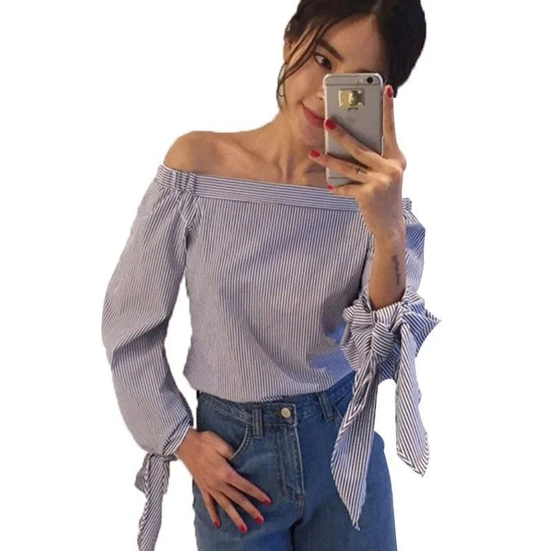 Sexy Summer Women's Blue Off Shoulder White Blouse Shirt with Bow