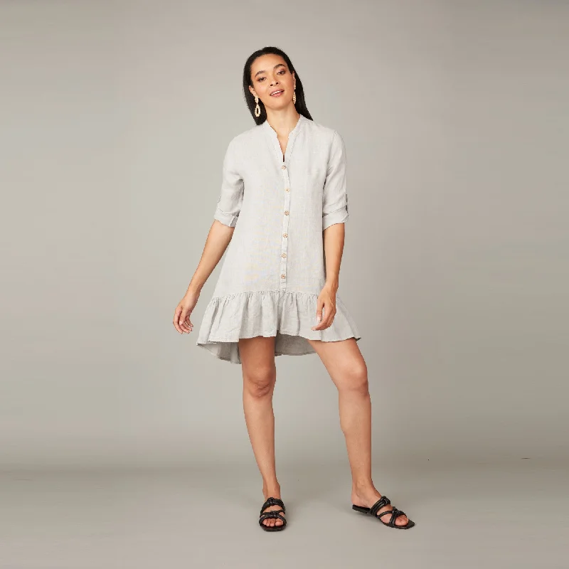 Button Down Ruffle Linen Dress (Pebble)