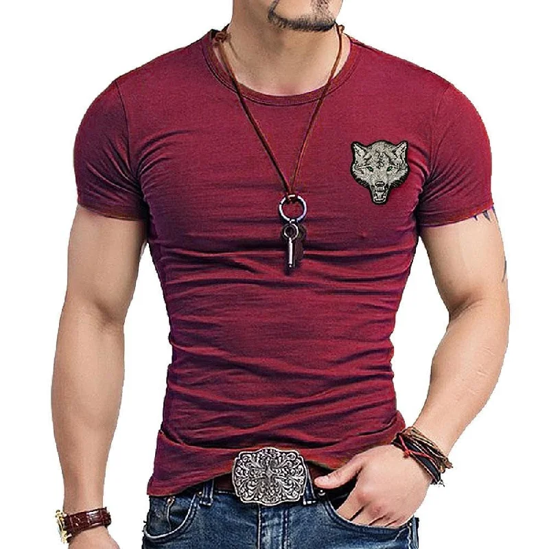 Men's Wolf Embroidery Cotton Short Sleeve Spring Summer Casual T-Shirt