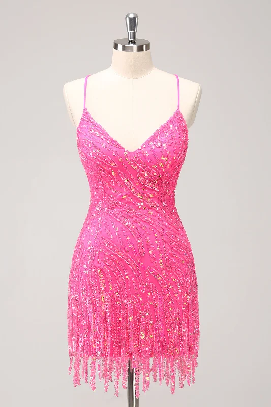 Sparkly Hot Pink Tight Sequins V Neck Homecoming Dress with Fringes