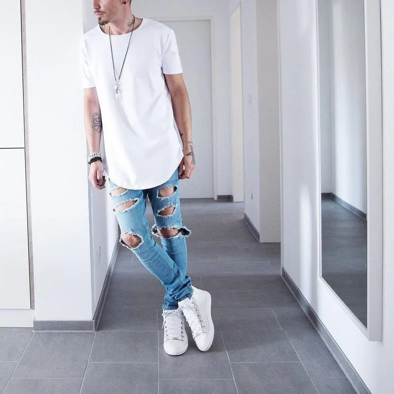 Solid Color Curve Hem Casual Men's Longline Hip Hop T-Shirt for Summer