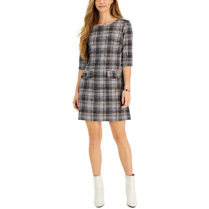 Connected Apparel Womens Petites Woven Plaid Shift Dress