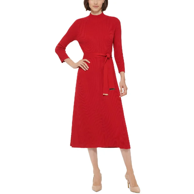 Calvin Klein Womens Ribbed Tea-Length Sweaterdress