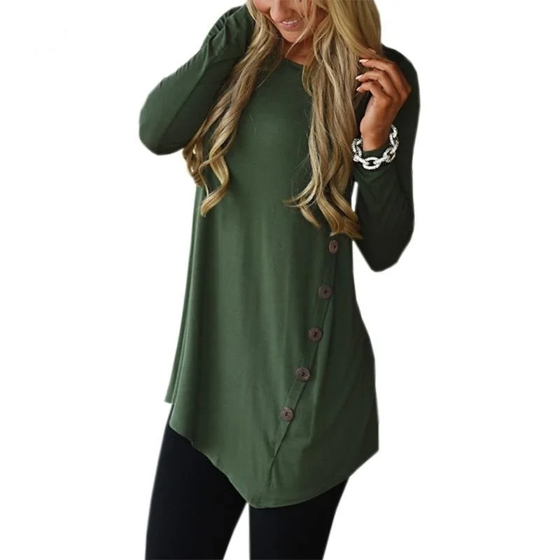 Women's Irregular Long Sleeve Solid Shirt Winter Tunic with Buttons