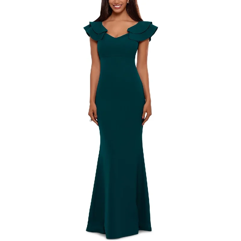 Betsy & Adam Womens Crepe Ruffled Evening Dress