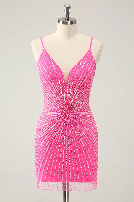 Hot Pink Spaghetti Straps Tight Short Backless Homecoming Dress with Sequins