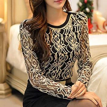 Women's Korean Fashion Elegant Vintage Long Sleeve Laced Floral Shirt