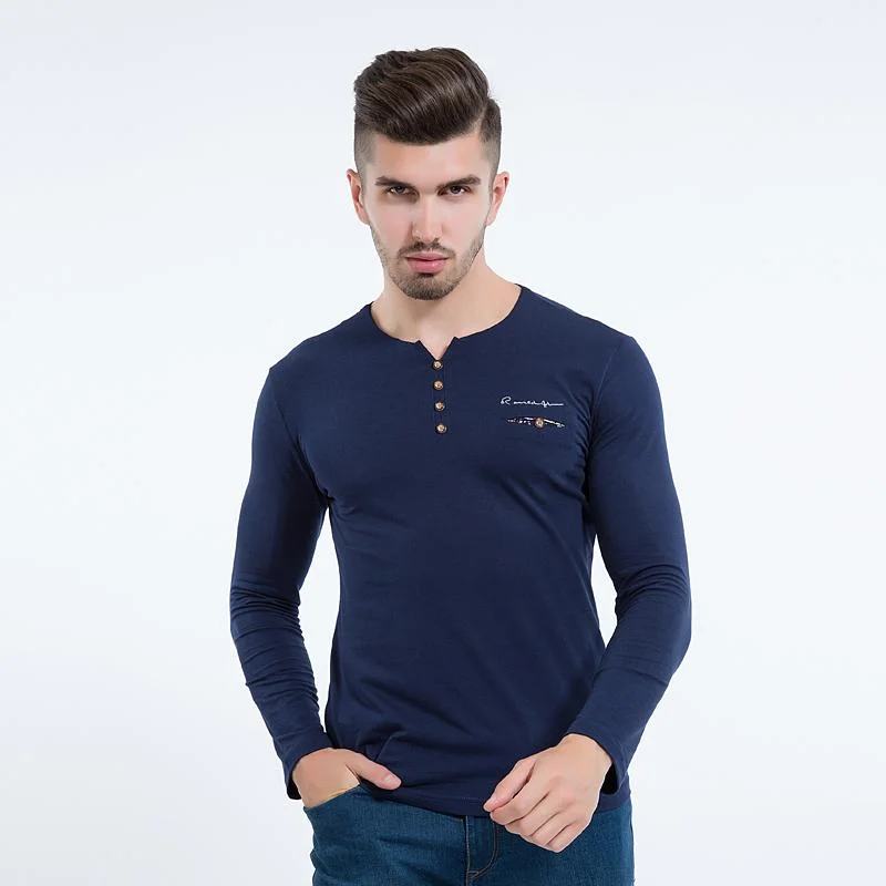 Men's Long Sleeved V Neck Button Decorated Casual Streetwear T-Shirt