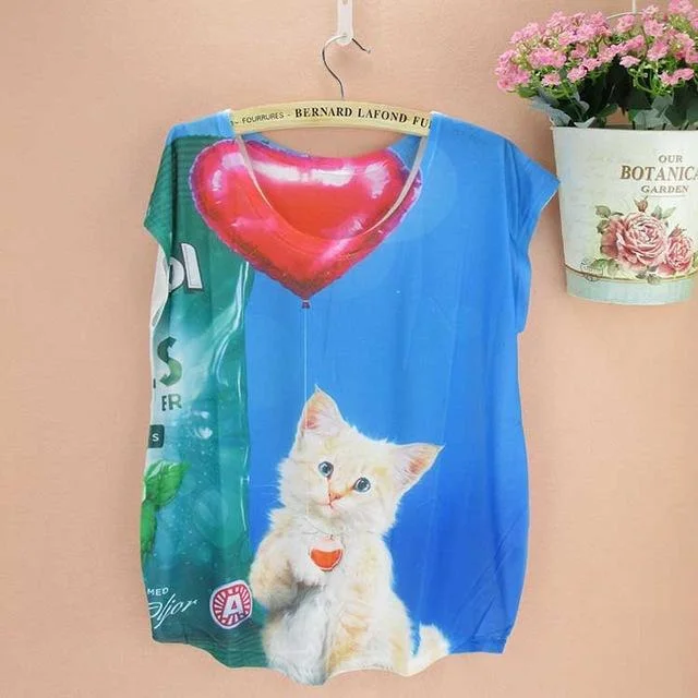 Big Size Summer Novelty Pattern Doodle Cats Printed T-Shirt Tops for Ladies