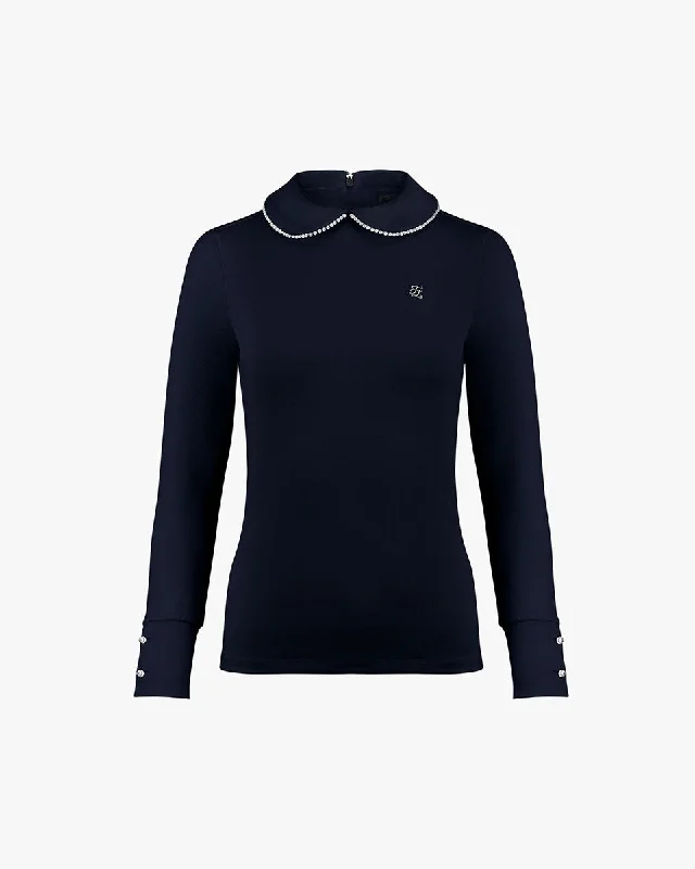 Pearl Round Collar T -shirt - Navy