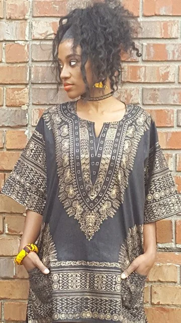 Black and Gold Traditional African Print Dashiki Shirt-DP3764W