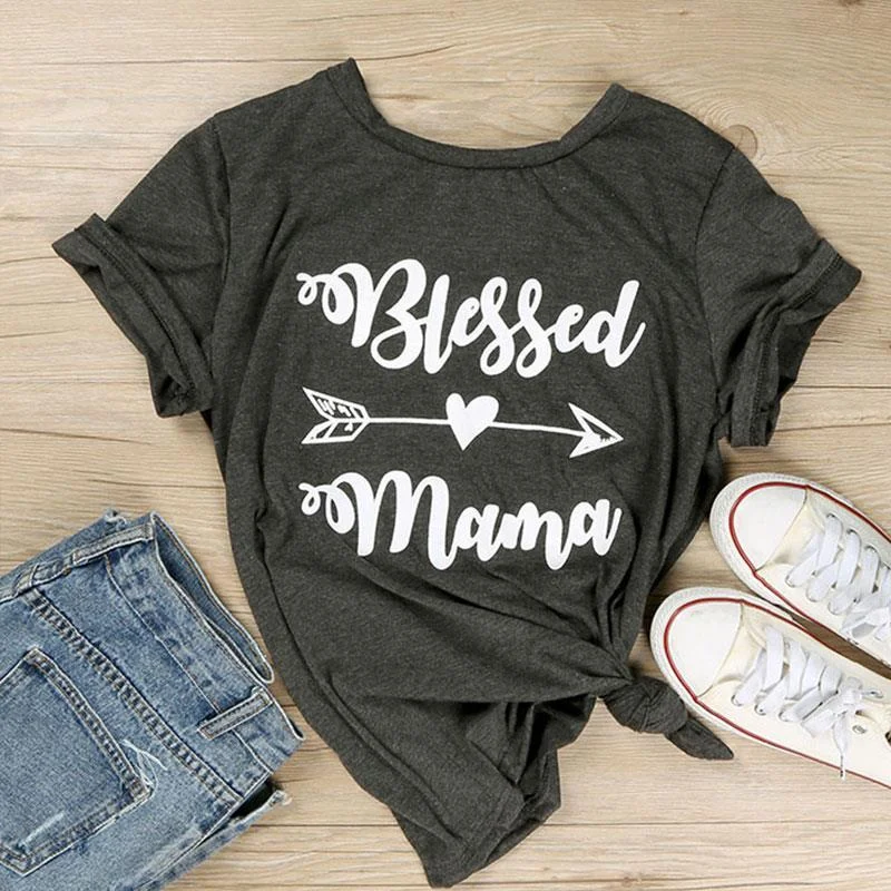 Dark Gray Blessed Mama Letter Printed Women's Basic Casual T-Shirt