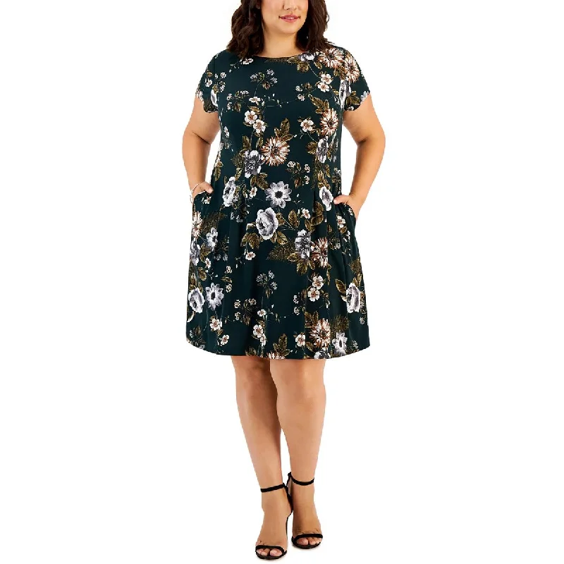 Connected Apparel Womens Plus Floral Wide Neck Fit & Flare Dress