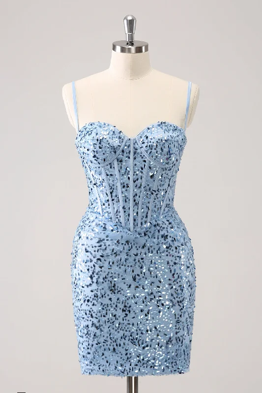 Sparkly Blue Tight Sequins Spaghetti Straps Homecoming Dress