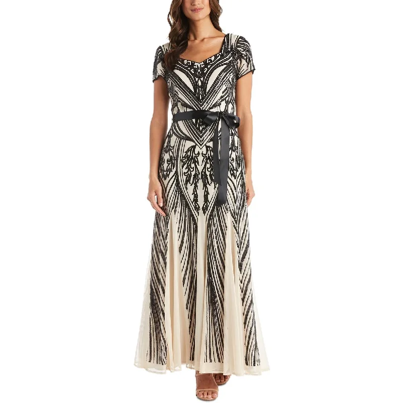 R&M Richards Womens Sequined Belted Evening Dress