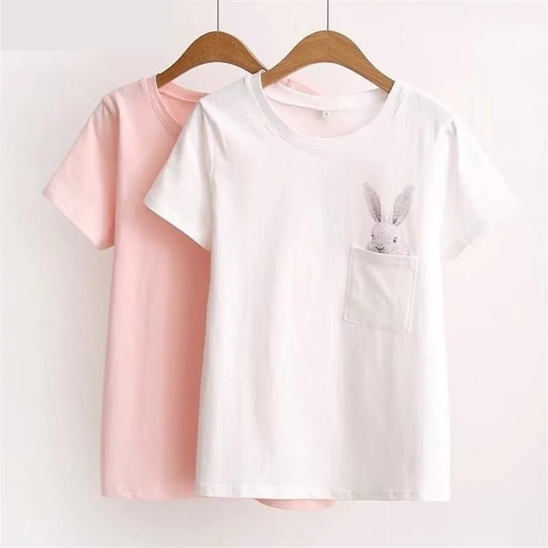 Summer Fashion Women's Cotton Pocket Rabbit Printed T-Shirt Tops