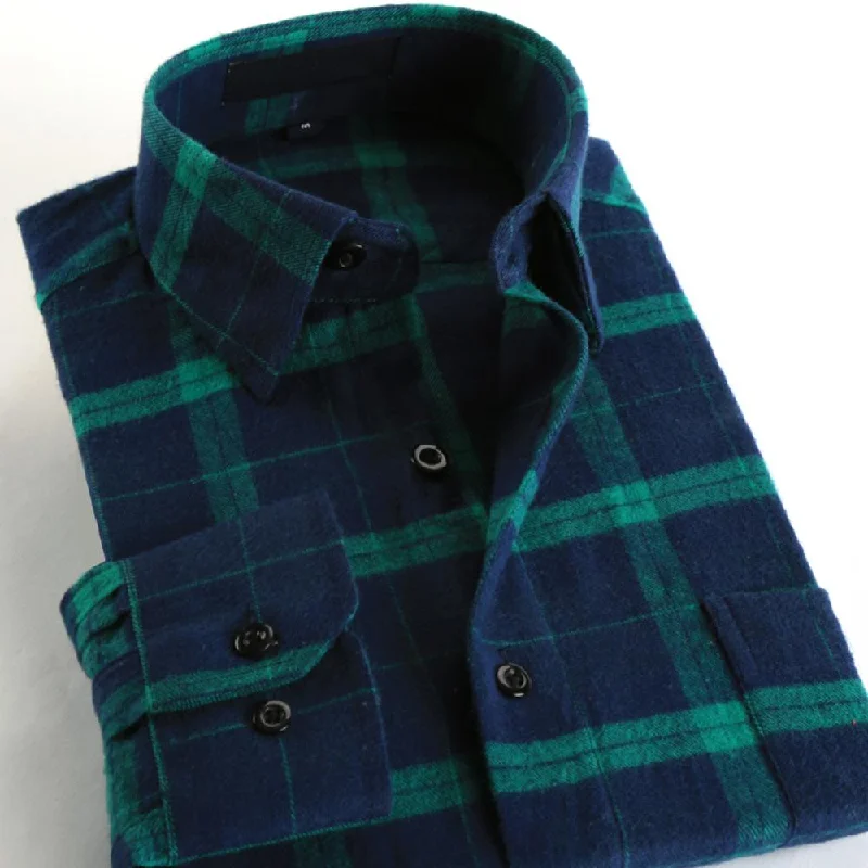 Men's Flannel Long-Sleeve Plaid Pattern Turn-Down Collar Slim Fit Shirt