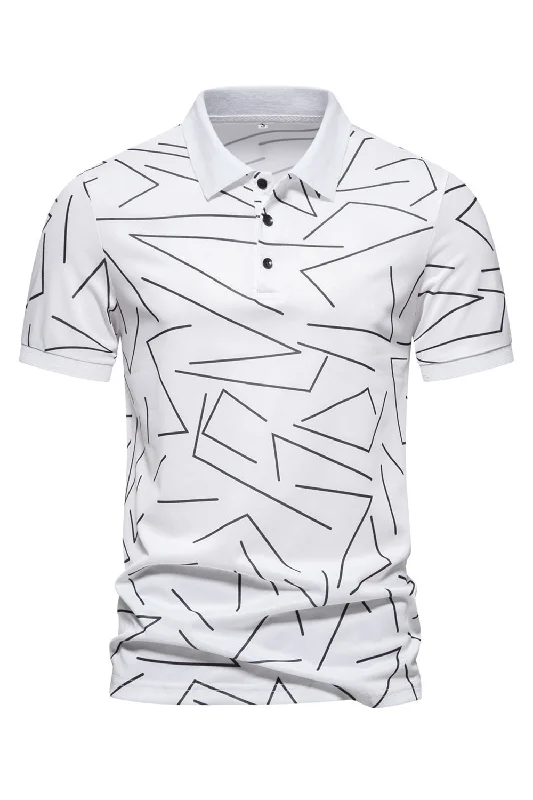 White Pattern Print Short Sleeves Men's Polo Shirt